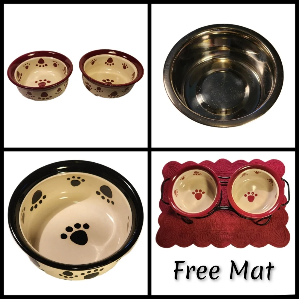 6-Pc Wrought Iron Pet Feeder w/ 4 Ceramic Pawprint Bowls & 1 Stainless Steel
